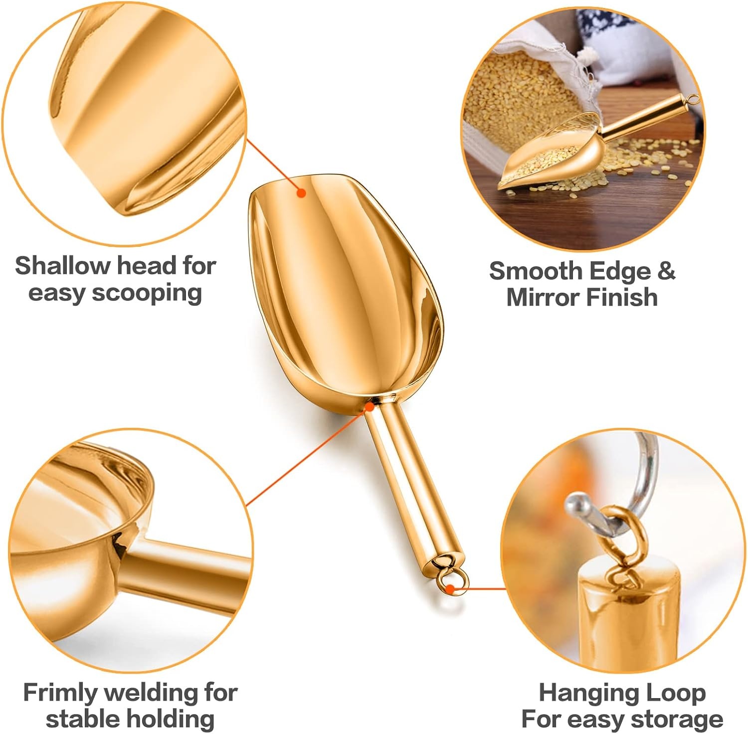 image:imageTeamFar 5oz Ice Scoop Stainless Steel Food Scoop Metal Ice Scooper for Kitchen Bar Party Wedding Heavy Duty amp Sturdy Easy Storage amp Versatile Mirror Finish amp Smooth Edge GoldGold
