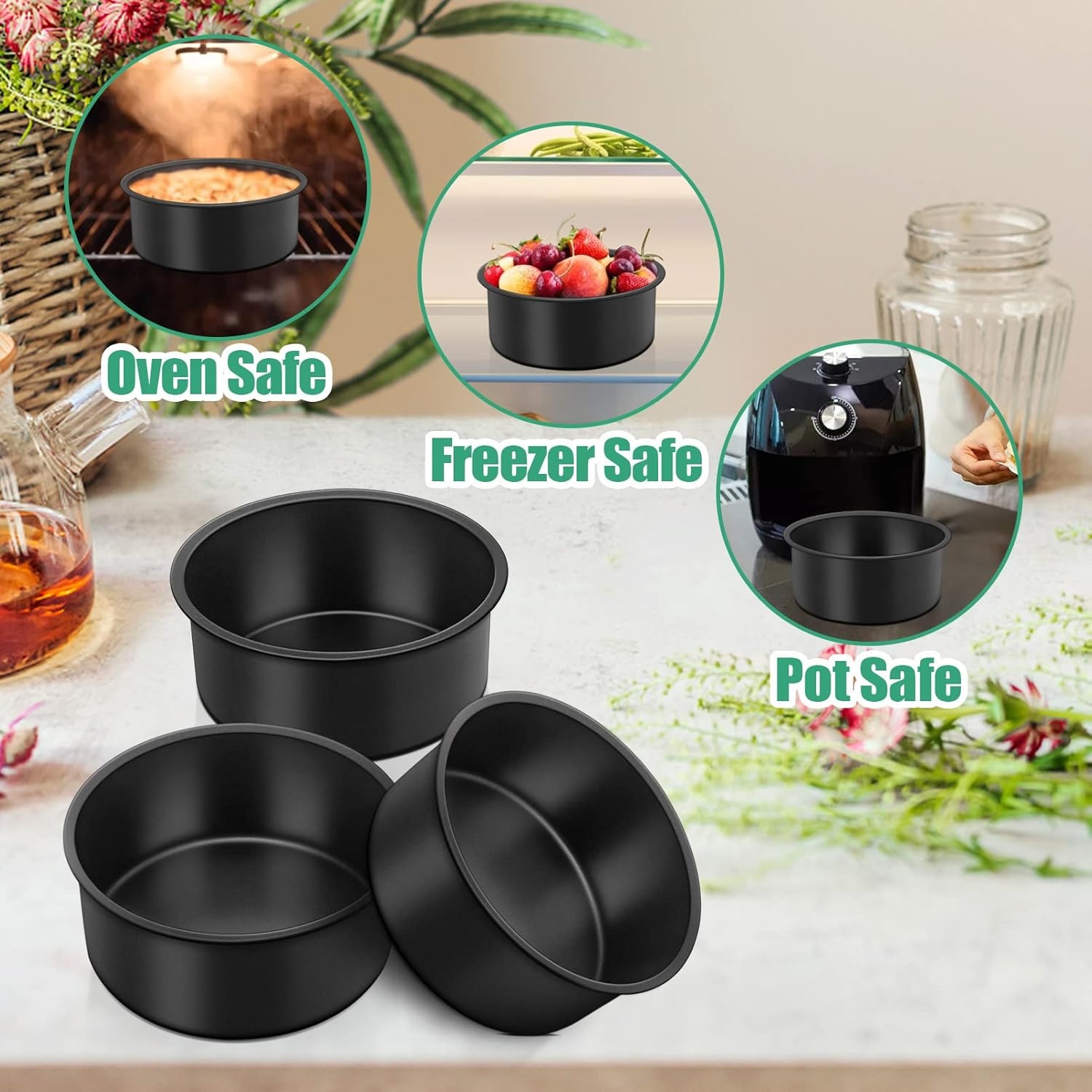 image:imageTeamFar 6 Inch Round Cake Pans Round Baking Layer Cake Pan Set of 3 with NonStick Coating Stainless Steel Core for Birthday Party Wedding Healthy amp Heatproof Release Easily amp Easy Clean4inch