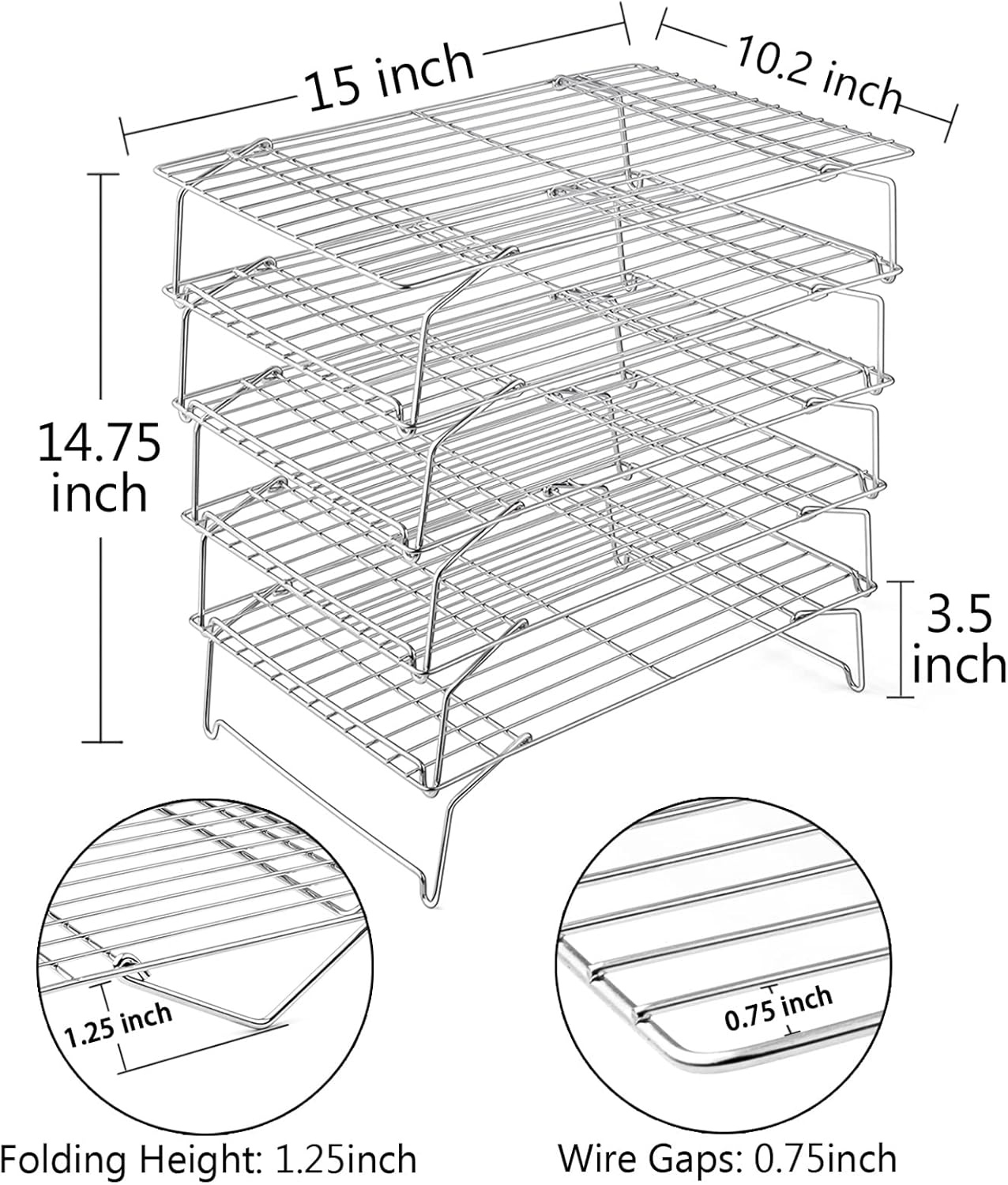 image:imageTeamFar Cooling Rack 5Tiers Stainless Steel Baking Cooling Wire Rack for Baking Roasting Cooking Healthy amp Firmly Weld Stackable amp Collapsible Dishwasher Safe 15x105