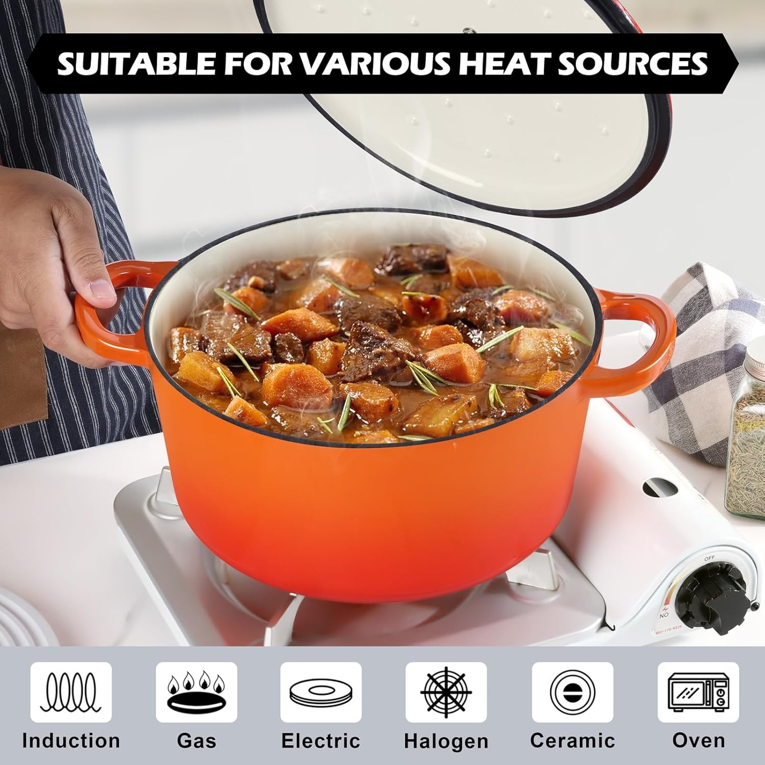 image:imageTeamFar Enameled Cast Iron Dutch Oven 6 Quart Pot with Lid amp Dual Handles Heavy Duty Cookware Oven Safe up to 500 F for Bread Baking Stews Braising Roasting RedOrange