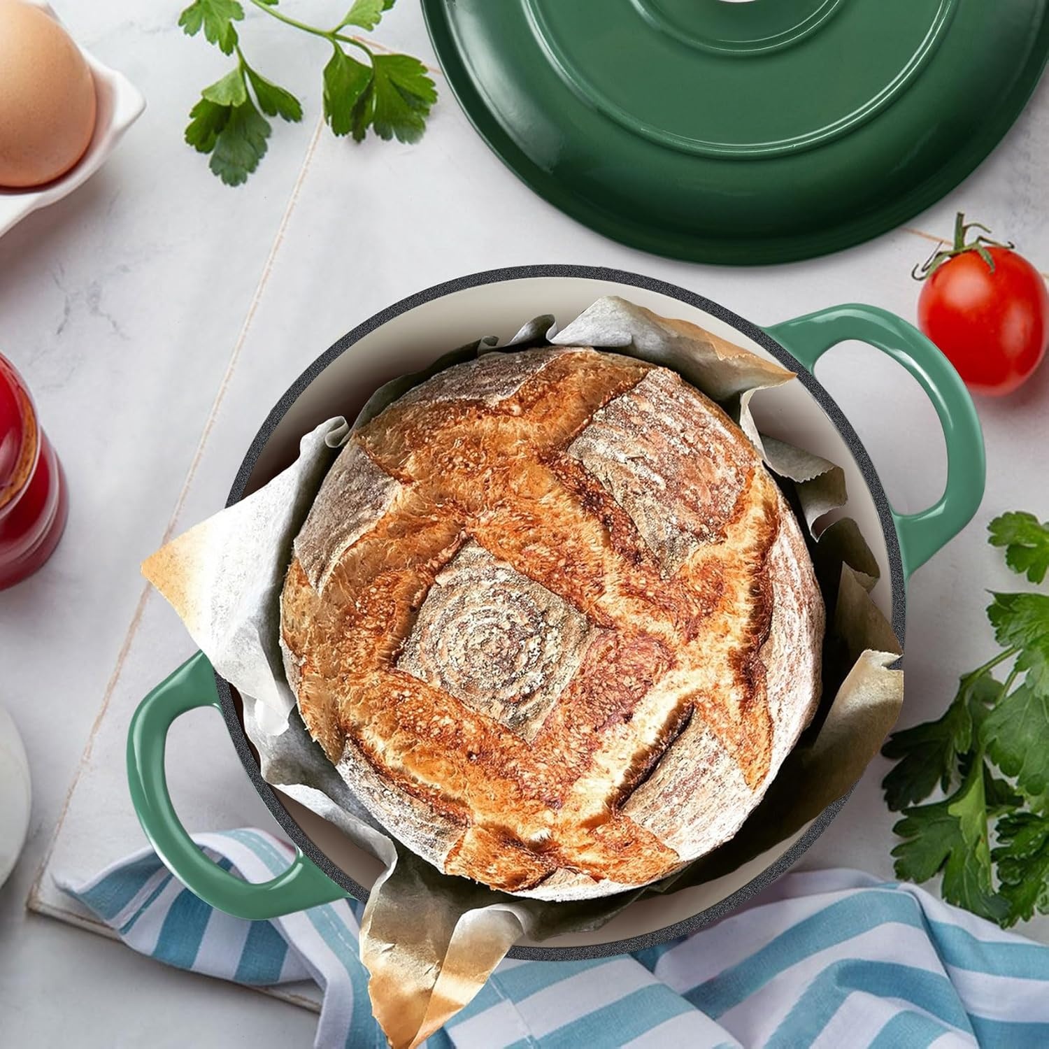 image:imageTeamFar Enameled Cast Iron Dutch Oven 6 Quart Pot with Lid amp Dual Handles Heavy Duty Cookware Oven Safe up to 500 F for Bread Baking Stews Braising Roasting RedBasil Green