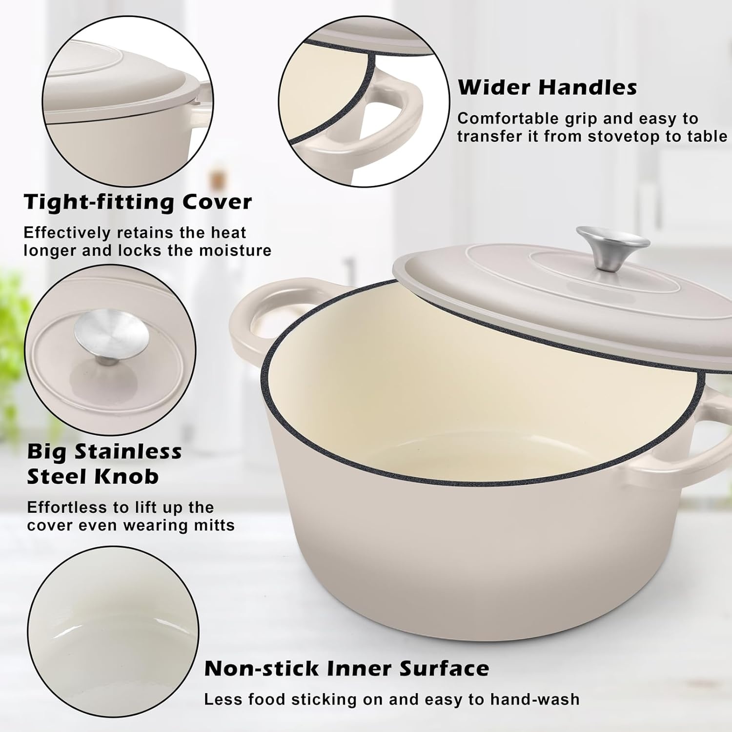 image:imageTeamFar Enameled Cast Iron Dutch Oven 6 Quart Pot with Lid amp Dual Handles Heavy Duty Cookware Oven Safe up to 500 F for Bread Baking Stews Braising Roasting RedKhaki