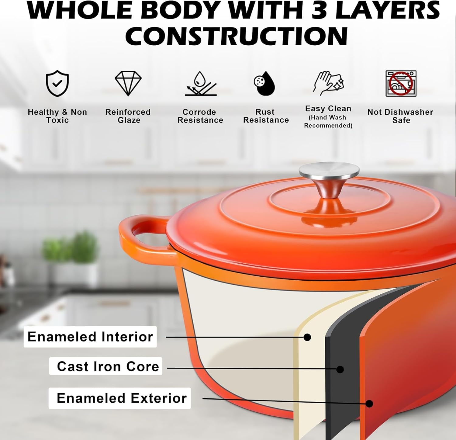 image:imageTeamFar Enameled Cast Iron Dutch Oven 6 Quart Pot with Lid amp Dual Handles Heavy Duty Cookware Oven Safe up to 500 F for Bread Baking Stews Braising Roasting RedOrange