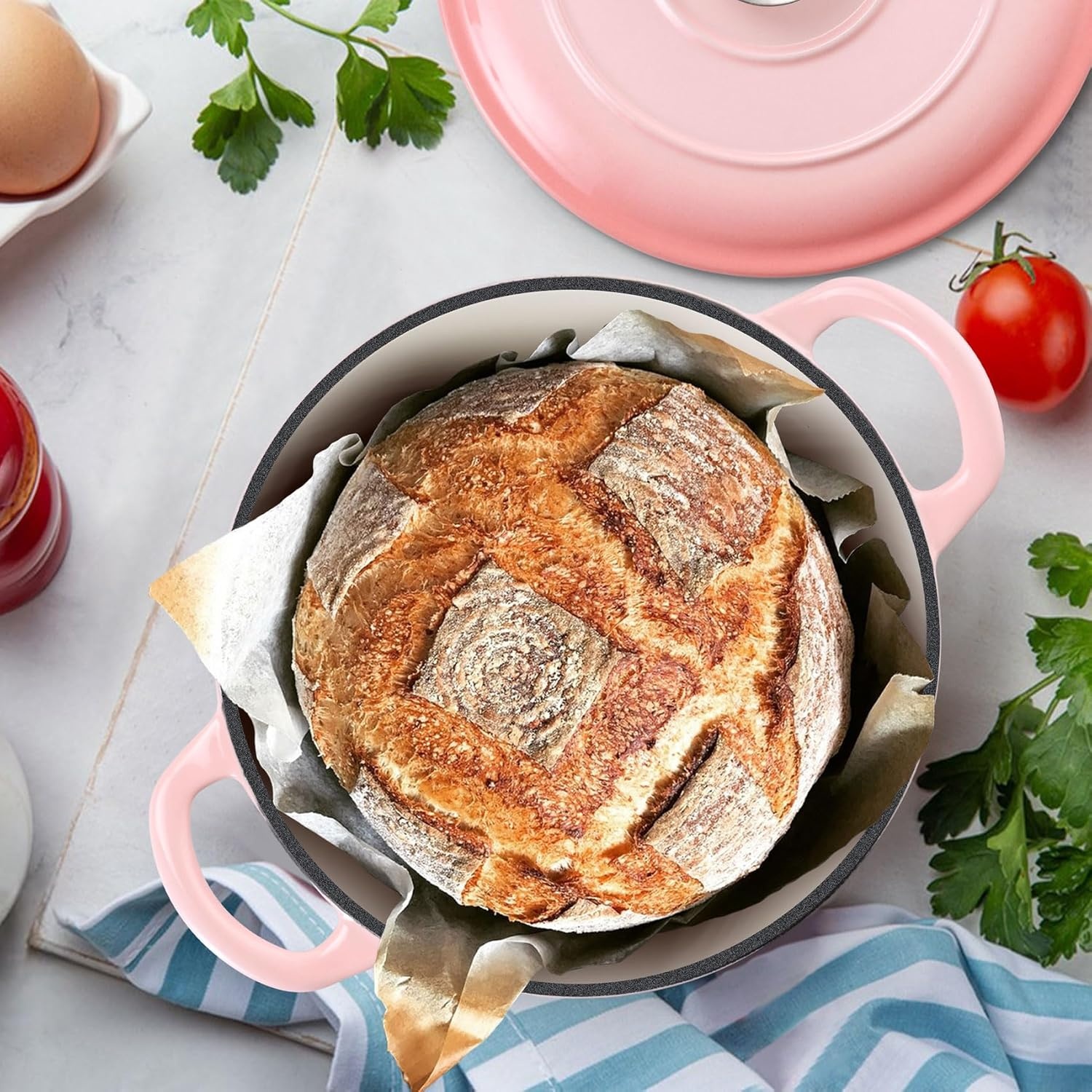 image:imageTeamFar Enameled Cast Iron Dutch Oven 6 Quart Pot with Lid amp Dual Handles Heavy Duty Cookware Oven Safe up to 500 F for Bread Baking Stews Braising Roasting RedPink