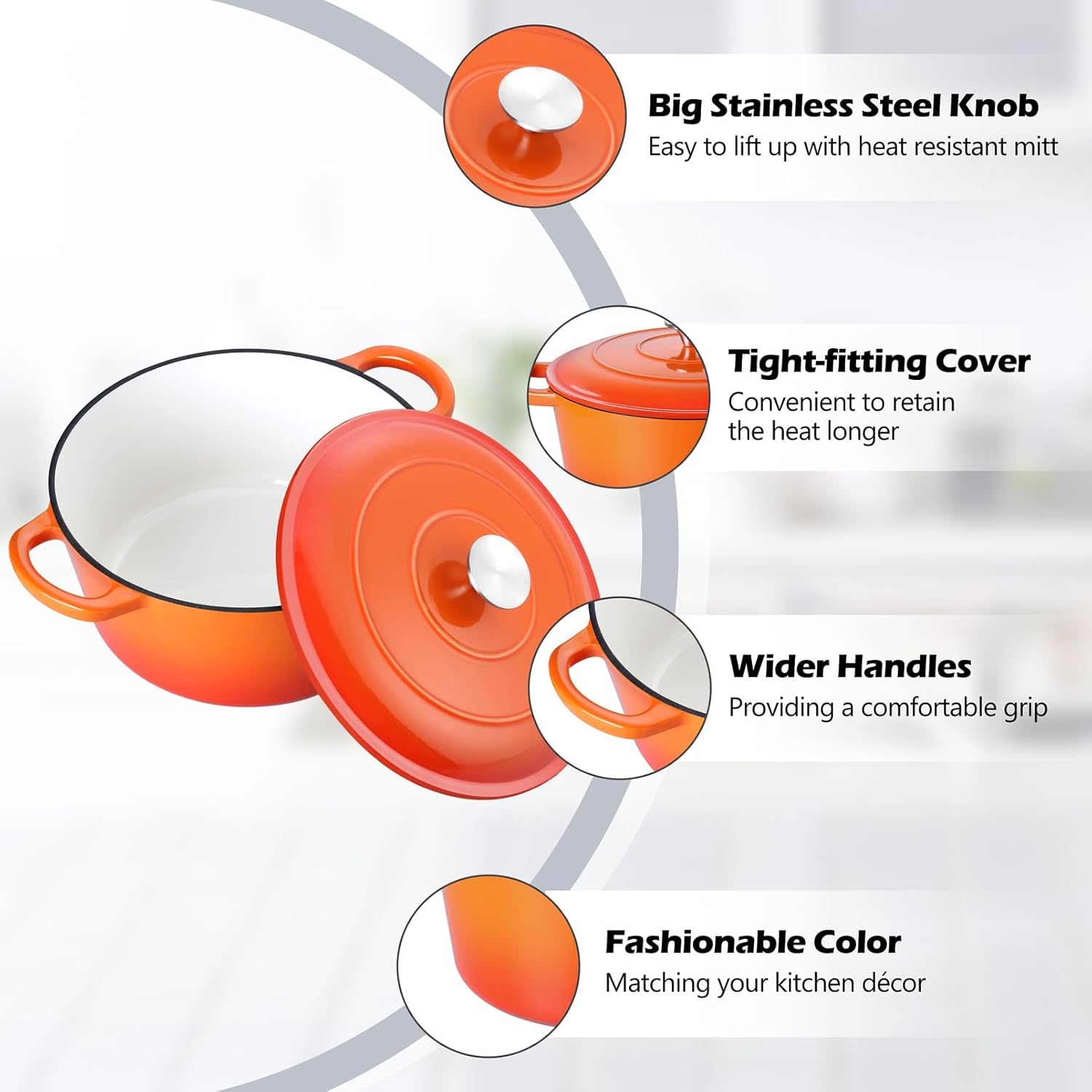 image:imageTeamFar Enameled Cast Iron Dutch Oven 6 Quart Pot with Lid amp Dual Handles Heavy Duty Cookware Oven Safe up to 500 F for Bread Baking Stews Braising Roasting RedOrange