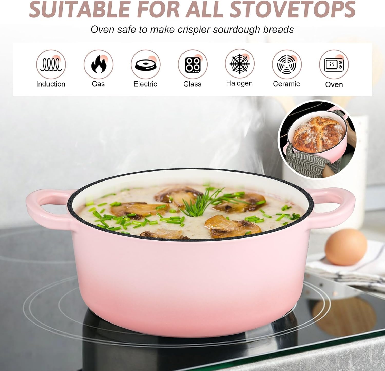 image:imageTeamFar Enameled Cast Iron Dutch Oven 6 Quart Pot with Lid amp Dual Handles Heavy Duty Cookware Oven Safe up to 500 F for Bread Baking Stews Braising Roasting RedPink