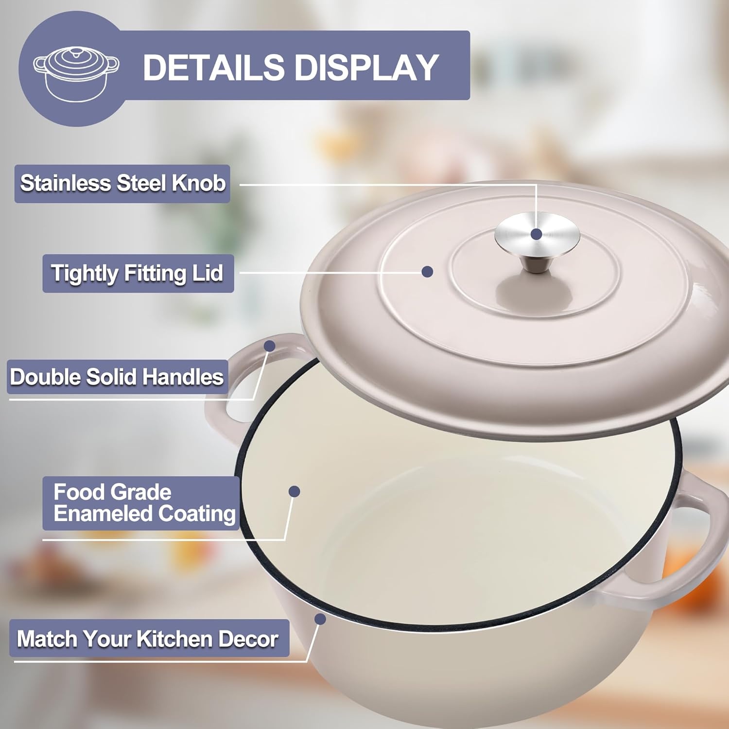 image:imageTeamFar Enameled Cast Iron Dutch Oven 6 Quart Pot with Lid amp Dual Handles Heavy Duty Cookware Oven Safe up to 500 F for Bread Baking Stews Braising Roasting RedKhaki