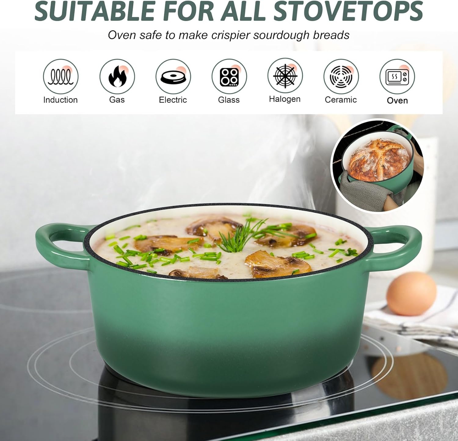image:imageTeamFar Enameled Cast Iron Dutch Oven 6 Quart Pot with Lid amp Dual Handles Heavy Duty Cookware Oven Safe up to 500 F for Bread Baking Stews Braising Roasting RedBasil Green