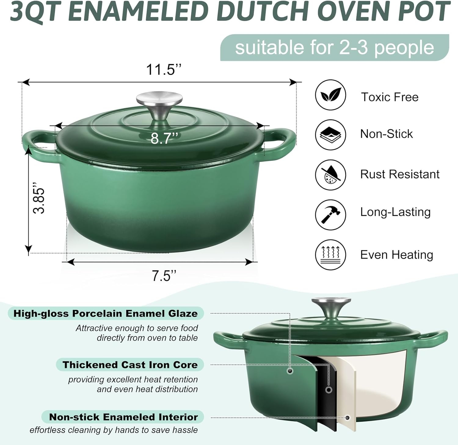 image:imageTeamFar Enameled Cast Iron Dutch Oven 6 Quart Pot with Lid amp Dual Handles Heavy Duty Cookware Oven Safe up to 500 F for Bread Baking Stews Braising Roasting RedBasil Green