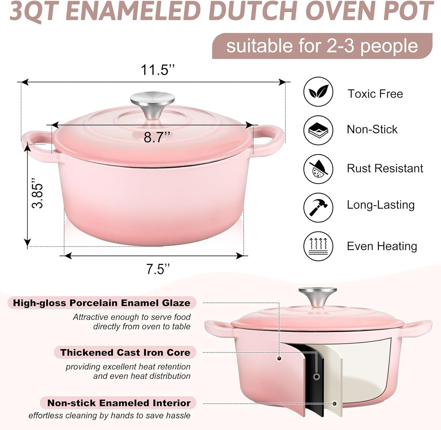 image:imageTeamFar Enameled Cast Iron Dutch Oven 6 Quart Pot with Lid amp Dual Handles Heavy Duty Cookware Oven Safe up to 500 F for Bread Baking Stews Braising Roasting RedPink