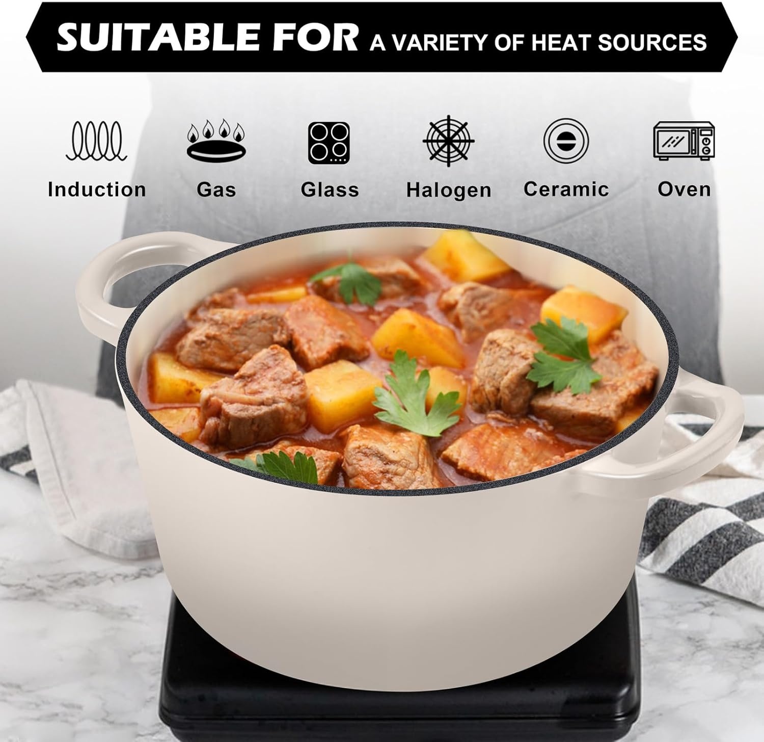 image:imageTeamFar Enameled Cast Iron Dutch Oven 6 Quart Pot with Lid amp Dual Handles Heavy Duty Cookware Oven Safe up to 500 F for Bread Baking Stews Braising Roasting RedKhaki