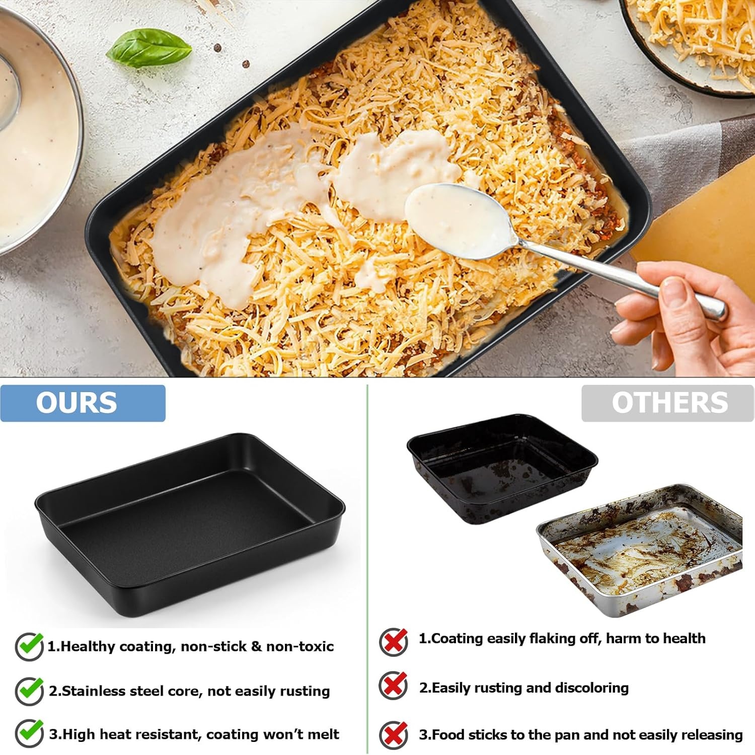 image:imageTeamFar Lasagna Pan 123 x 975 x 2 Stainless Steel Rectangular Cake Brownie Casserole Pan For Roasting Baking Healthy amp Heavy Duty Brushed Surface amp Deep Side Dishwasher SafeBlack