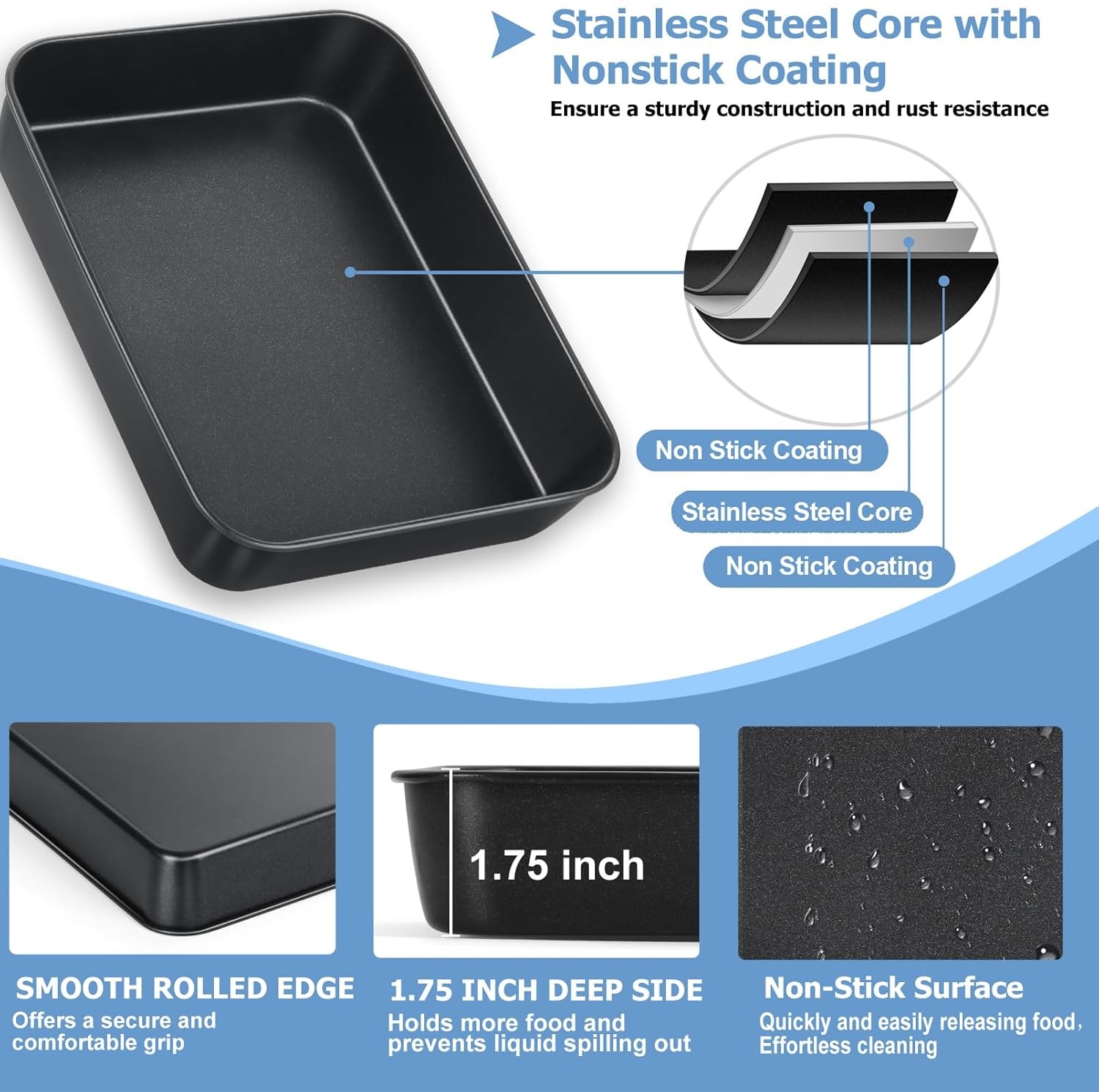 image:imageTeamFar Lasagna Pan 123 x 975 x 2 Stainless Steel Rectangular Cake Brownie Casserole Pan For Roasting Baking Healthy amp Heavy Duty Brushed Surface amp Deep Side Dishwasher SafeBlack