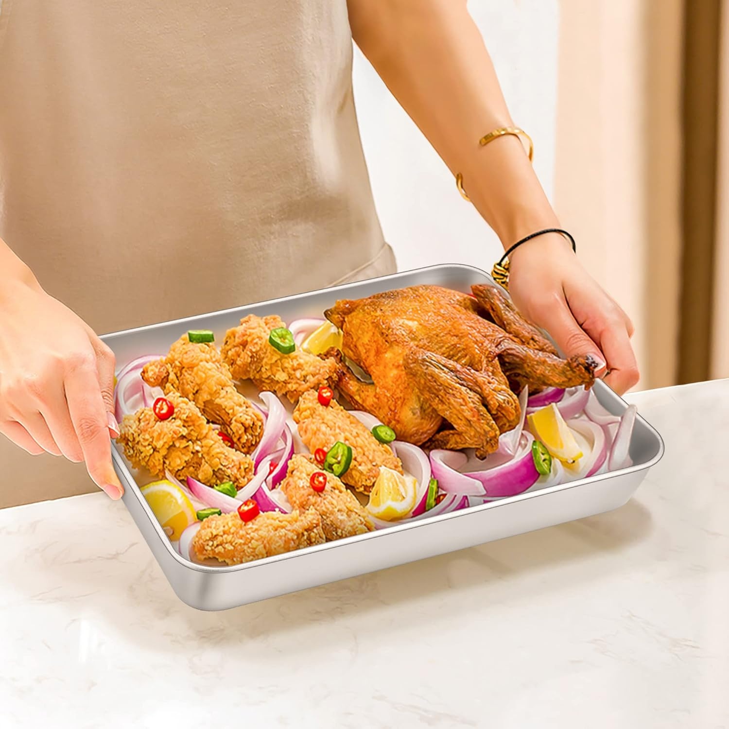 image:imageTeamFar Lasagna Pan 123 x 975 x 2 Stainless Steel Rectangular Cake Brownie Casserole Pan For Roasting Baking Healthy amp Heavy Duty Brushed Surface amp Deep Side Dishwasher SafeSilver