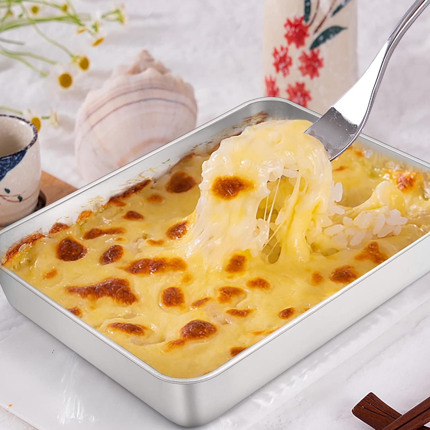 image:imageTeamFar Lasagna Pan 123 x 975 x 2 Stainless Steel Rectangular Cake Brownie Casserole Pan For Roasting Baking Healthy amp Heavy Duty Brushed Surface amp Deep Side Dishwasher SafeSilver