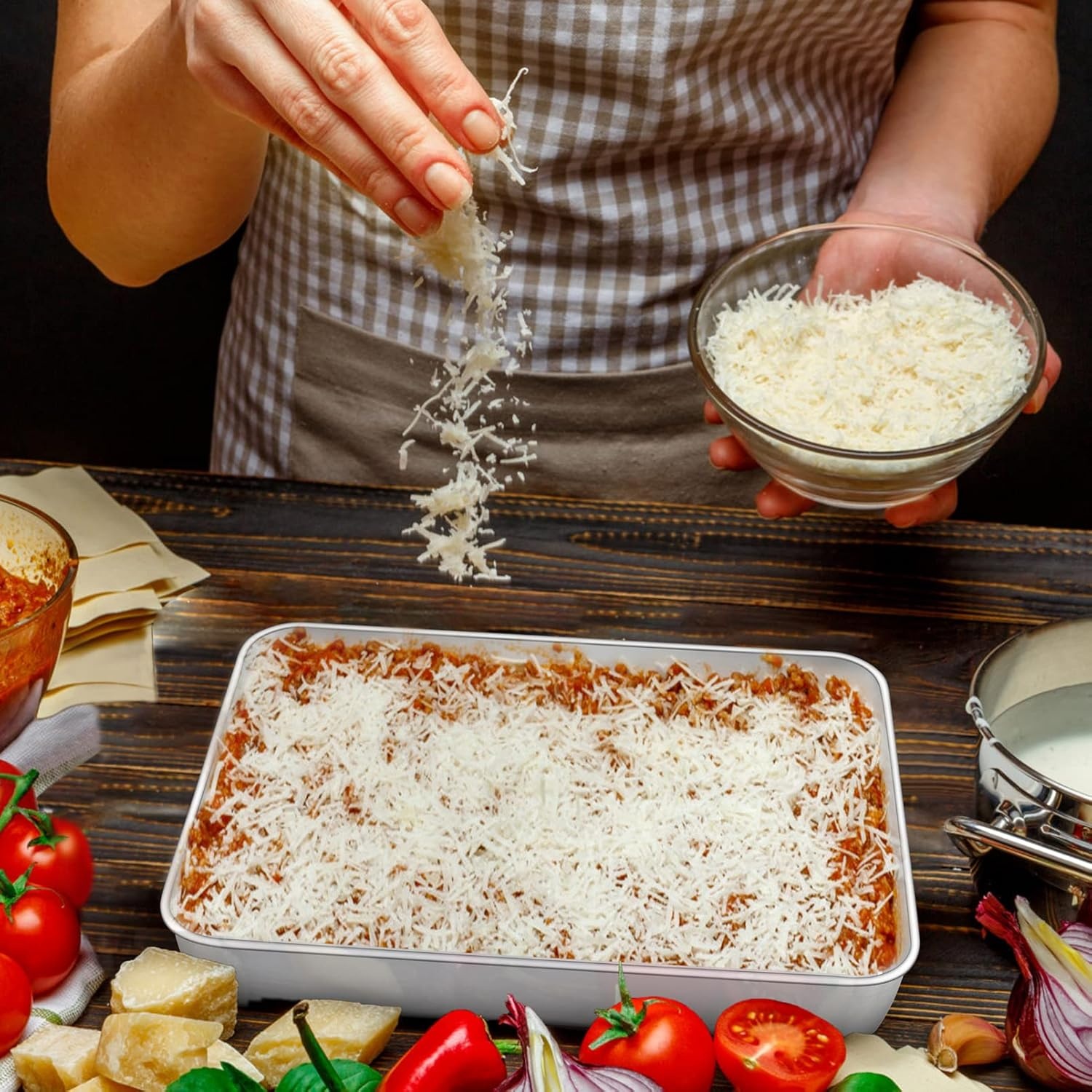 image:imageTeamFar Lasagna Pan 123 x 975 x 2 Stainless Steel Rectangular Cake Brownie Casserole Pan For Roasting Baking Healthy amp Heavy Duty Brushed Surface amp Deep Side Dishwasher SafeSilver
