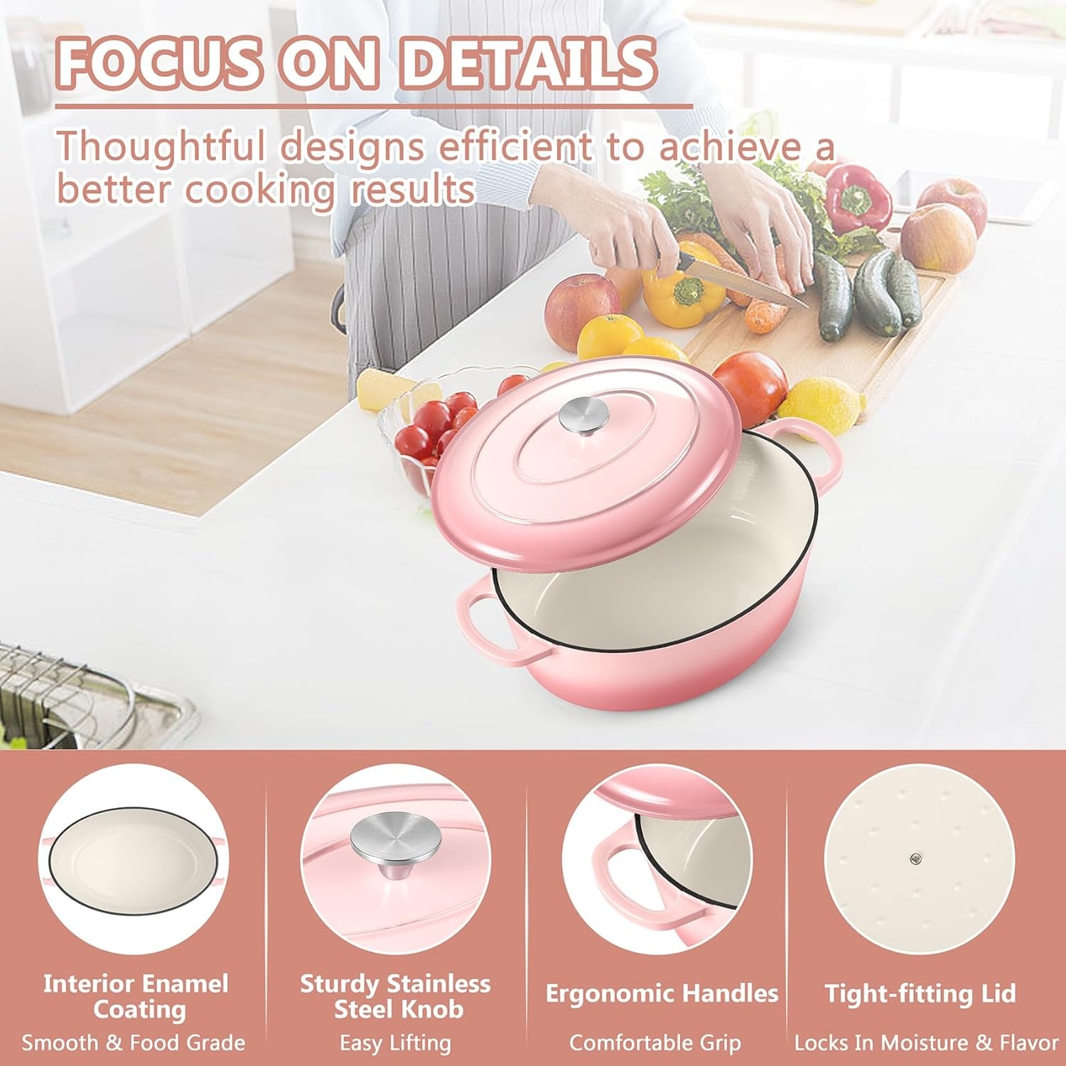 image:imageTeamFar Oval Dutch Oven 5qt Enameled Cast Iron Dutch Oven Pot with Lid For Bread BakingStewingBraisingFrying Suitable for Various Stoves Dual Handles amp Easy Cleanup BluePink