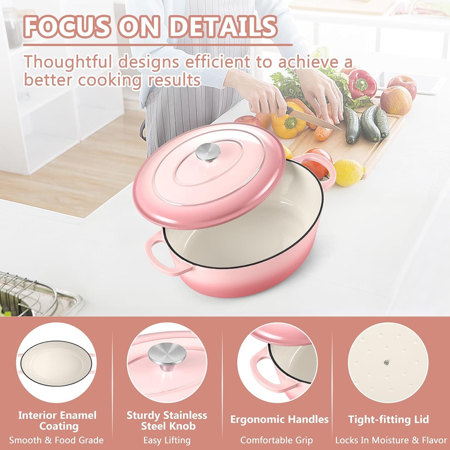 image:imageTeamFar Oval Dutch Oven 5qt Enameled Cast Iron Dutch Oven Pot with Lid For Bread BakingStewingBraisingFrying Suitable for Various Stoves Dual Handles amp Easy Cleanup BluePink