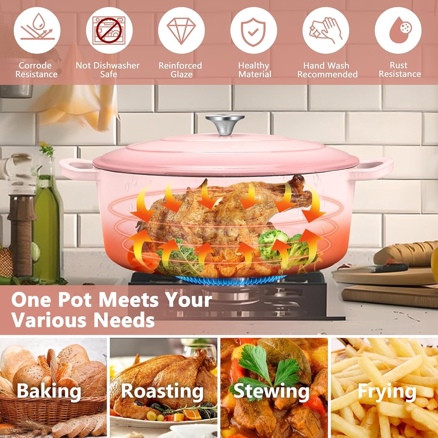 image:imageTeamFar Oval Dutch Oven 5qt Enameled Cast Iron Dutch Oven Pot with Lid For Bread BakingStewingBraisingFrying Suitable for Various Stoves Dual Handles amp Easy Cleanup BluePink