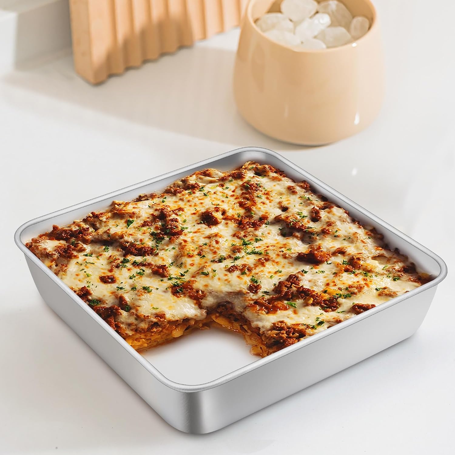image:imageTeamFar Square Cake Pan 9 Inch Stainless Steel Square Baking Roasting Pan for Cake Brownie Lasagna NonToxic amp Heavy Duty One Piece Design amp Smooth Dishwasher Safe amp Easy CleanSilver
