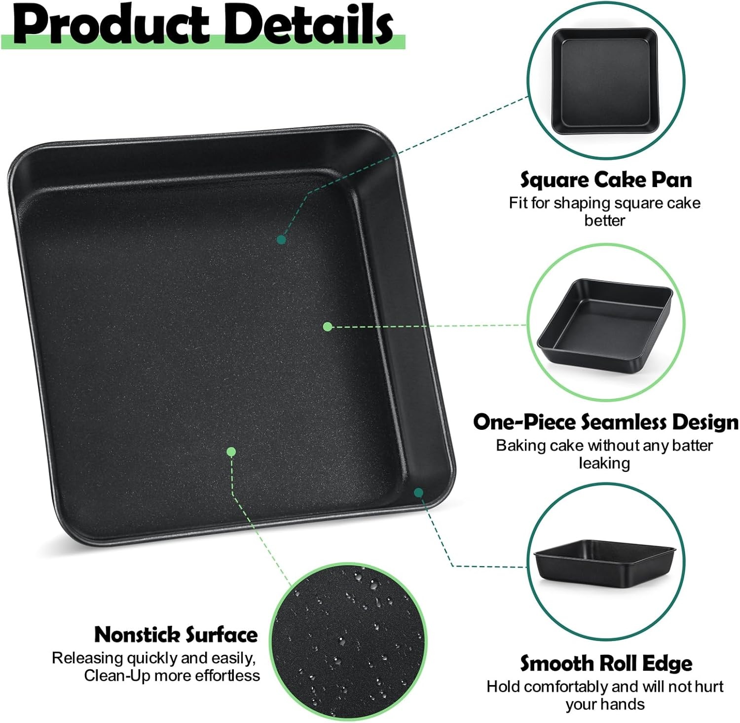 image:imageTeamFar Square Cake Pan 9 Inch Stainless Steel Square Baking Roasting Pan for Cake Brownie Lasagna NonToxic amp Heavy Duty One Piece Design amp Smooth Dishwasher Safe amp Easy CleanBlack