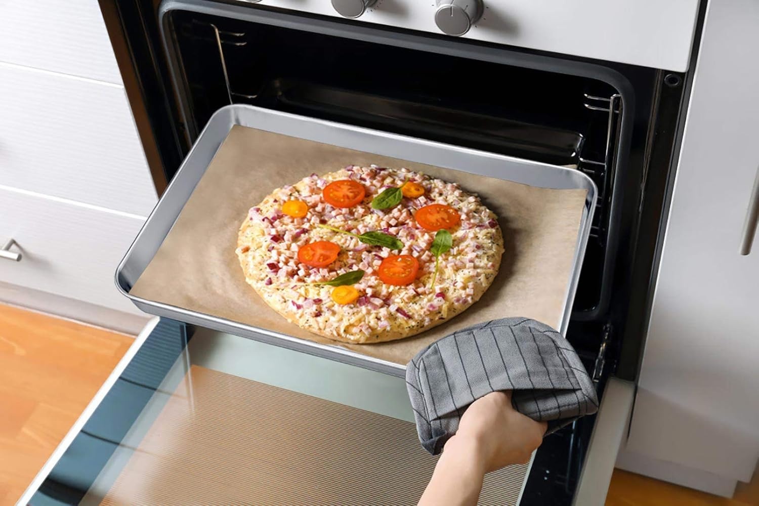 image:imageTeamFar Toaster Oven Pan Set of 2 Stainless Steel Toaster Oven Baking Tray Ovenware 125x 95x1 Non Toxic amp Healthy Rust Free amp Mirror Finish Easy Clean amp Dishwasher Safe16inch
