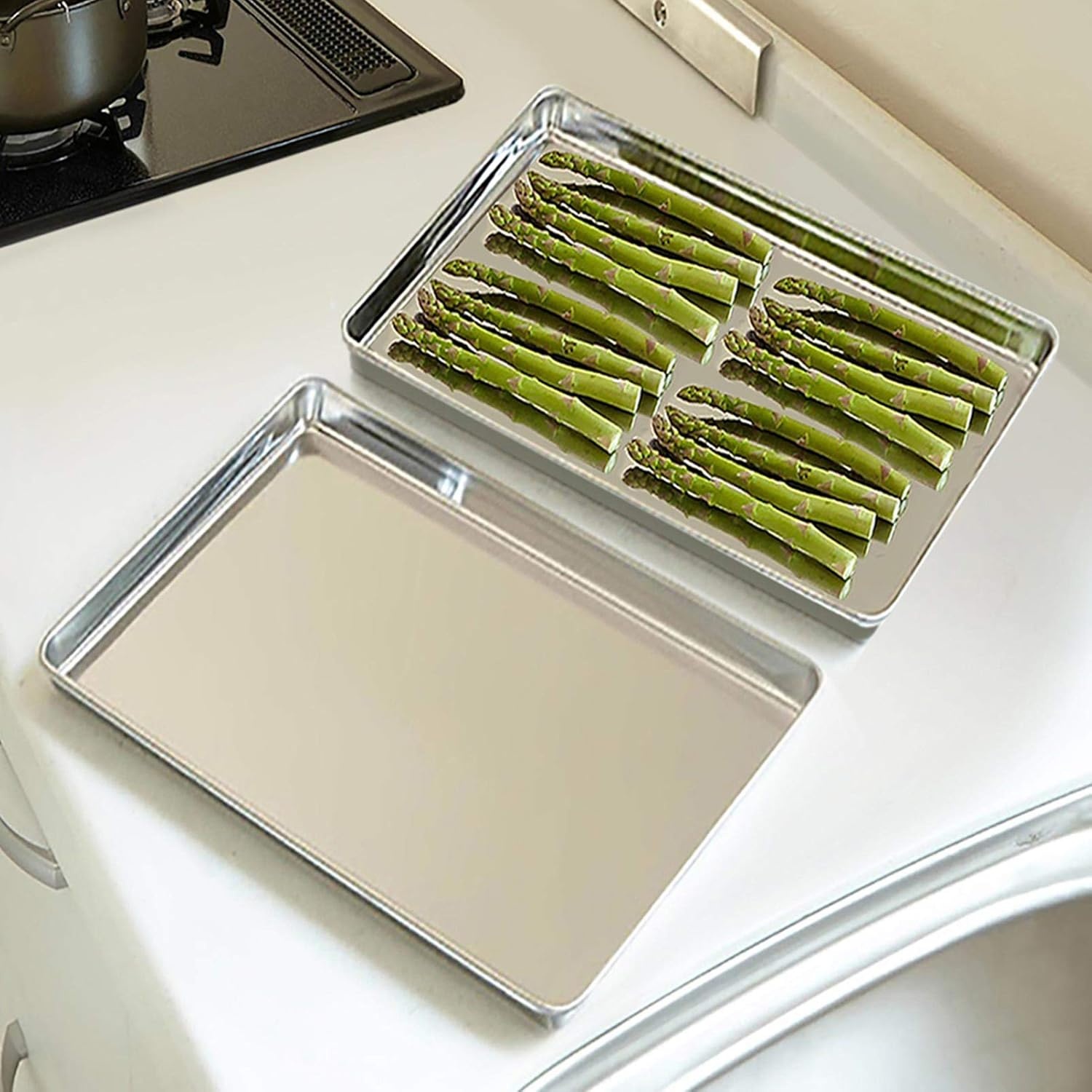 image:imageTeamFar Toaster Oven Pan Set of 2 Stainless Steel Toaster Oven Baking Tray Ovenware 125x 95x1 Non Toxic amp Healthy Rust Free amp Mirror Finish Easy Clean amp Dishwasher Safe176inch