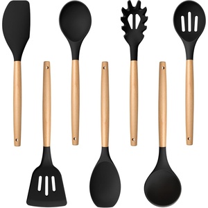 image:imageTeamFar Cooking Utensils Set of 7 Silicone Kitchen Utensils Set with Wooden Handles Heatproof Kitchen Tools for Cooking Turning Serving Nonstick Cookware Safe Nontoxic amp Non Scratch BlackBlack