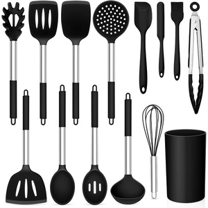 image:imageTeamFar Kitchen Utensil Set of 14 Silicone Cooking Utensil Set with Stainless Steel Handle for Frying Serving Flipping Draining Nontoxic amp Heatproof Nonstick amp Dishwasher Safe  BlackBlack