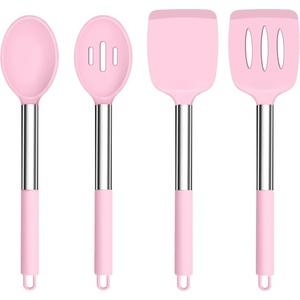 image:imageTeamFar Kitchen Utensils 4PCS Heatproof Silicone Cooking Utensils Set Slotted Spatula Solid Turner Spoon with Stainless Steel Handle for Nonstick Cookware Flipping Frying Draining  GrayPink