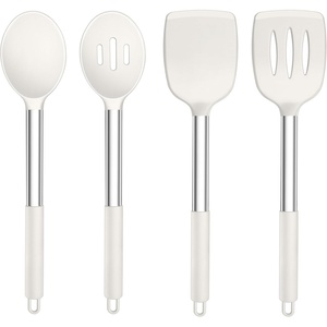 image:imageTeamFar Kitchen Utensils 4PCS Heatproof Silicone Cooking Utensils Set Slotted Spatula Solid Turner Spoon with Stainless Steel Handle for Nonstick Cookware Flipping Frying Draining  GrayWhite