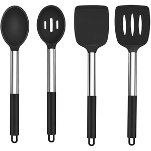 image:imageTeamFar Kitchen Utensils 4PCS Heatproof Silicone Cooking Utensils Set Slotted Spatula Solid Turner Spoon with Stainless Steel Handle for Nonstick Cookware Flipping Frying Draining  GrayBlack
