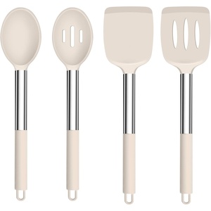 image:imageTeamFar Kitchen Utensils 4PCS Heatproof Silicone Cooking Utensils Set Slotted Spatula Solid Turner Spoon with Stainless Steel Handle for Nonstick Cookware Flipping Frying Draining  GrayKhaki