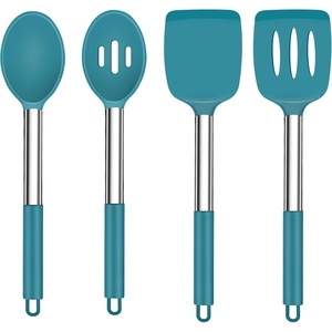 image:imageTeamFar Kitchen Utensils 4PCS Heatproof Silicone Cooking Utensils Set Slotted Spatula Solid Turner Spoon with Stainless Steel Handle for Nonstick Cookware Flipping Frying Draining  GrayNavy Blue
