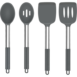 image:imageTeamFar Kitchen Utensils 4PCS Heatproof Silicone Cooking Utensils Set Slotted Spatula Solid Turner Spoon with Stainless Steel Handle for Nonstick Cookware Flipping Frying Draining  GrayLight Grey