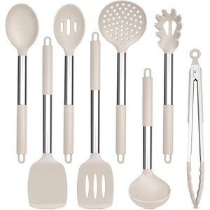 image:imageTeamFar Kitchen Utensils 8PCS Cooking Silicone Utensils Kitchen Tool Kit with Stainless Steel Handle for Nonstick Cookware Cooking Stirring Turning Food Grade amp Heat Resistant Dishwasher SafeKhaki