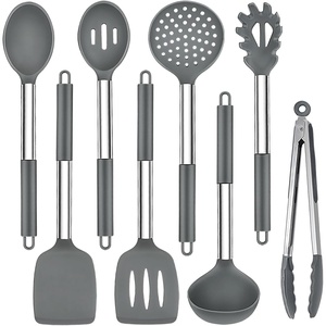 image:imageTeamFar Kitchen Utensils 8PCS Cooking Silicone Utensils Kitchen Tool Kit with Stainless Steel Handle for Nonstick Cookware Cooking Stirring Turning Food Grade amp Heat Resistant Dishwasher SafeLight Grey