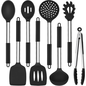 image:imageTeamFar Kitchen Utensils 8PCS Cooking Silicone Utensils Kitchen Tool Kit with Stainless Steel Handle for Nonstick Cookware Cooking Stirring Turning Food Grade amp Heat Resistant Dishwasher SafeBlack