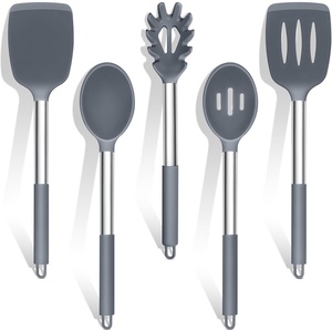 image:imageTeamFar Silicone Cooking Utensils Set 5 PCS HeatProof Kitchen Utensils with Stainless Steel Handle TurnerSpoonPasta Server for Nonstick Cookware Frying Flipping Draining Light GreyLight Grey