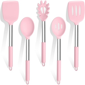 image:imageTeamFar Silicone Cooking Utensils Set 5 PCS HeatProof Kitchen Utensils with Stainless Steel Handle TurnerSpoonPasta Server for Nonstick Cookware Frying Flipping Draining Light GreyPink