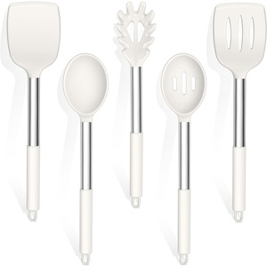 image:imageTeamFar Silicone Cooking Utensils Set 5 PCS HeatProof Kitchen Utensils with Stainless Steel Handle TurnerSpoonPasta Server for Nonstick Cookware Frying Flipping Draining Light GreyWhite