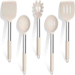 image:imageTeamFar Silicone Cooking Utensils Set 5 PCS HeatProof Kitchen Utensils with Stainless Steel Handle TurnerSpoonPasta Server for Nonstick Cookware Frying Flipping Draining Light GreyKhaki