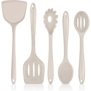 image:imageTeamFar Silicone Cooking Utensils Set 5Piece Heat Resistant Kitchen Utensils Set Nonstick Slotted Solid Spoon Turner Pasta Server for Frying Serving Mixing NonToxic amp Dishwasher Safe KhakiKhaki