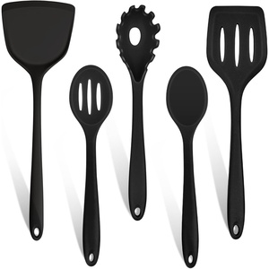 image:imageTeamFar Silicone Cooking Utensils Set 5Piece Heat Resistant Kitchen Utensils Set Nonstick Slotted Solid Spoon Turner Pasta Server for Frying Serving Mixing NonToxic amp Dishwasher Safe KhakiBlack