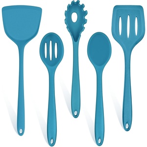 image:imageTeamFar Silicone Cooking Utensils Set 5Piece Heat Resistant Kitchen Utensils Set Nonstick Slotted Solid Spoon Turner Pasta Server for Frying Serving Mixing NonToxic amp Dishwasher Safe KhakiDark Blue