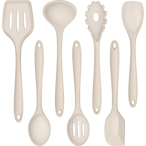 image:imageTeamFar Silicone Cooking Utensils Set 7Piece Heat Proof Kitchen Utensils Set Kitchen Tools Spatula Turner Ladle Spoon Pasta Fork for Nonstick Cookware NonToxic amp Dishwasher Safe WhiteKhaki