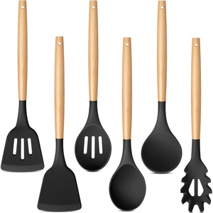 image:imageTeamFar Silicone Cooking Utensils Set of 6 Kitchen Utensils with Wooden Handles Slotted Turner Soup Ladle Spoon for Nonstick Cookware HeatProof NonScratch BlackBlack