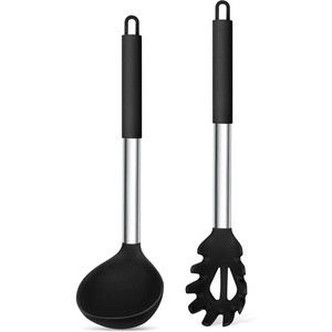 image:imageTeamFar Silicone Kitchen Utensils 2 Pcs Large Nonstick Soup Ladle and Pasta Fork for Cooking Mixing Serving Soup Sauce Spaghetti Eggs NonToxic amp HeatProof Dishwasher Safe Light GreyBlack