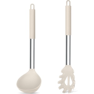image:imageTeamFar Silicone Kitchen Utensils 2 Pcs Large Nonstick Soup Ladle and Pasta Fork for Cooking Mixing Serving Soup Sauce Spaghetti Eggs NonToxic amp HeatProof Dishwasher Safe Light GreyKhaki