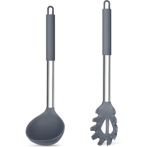image:imageTeamFar Silicone Kitchen Utensils 2 Pcs Large Nonstick Soup Ladle and Pasta Fork for Cooking Mixing Serving Soup Sauce Spaghetti Eggs NonToxic amp HeatProof Dishwasher Safe Light GreyLight Grey